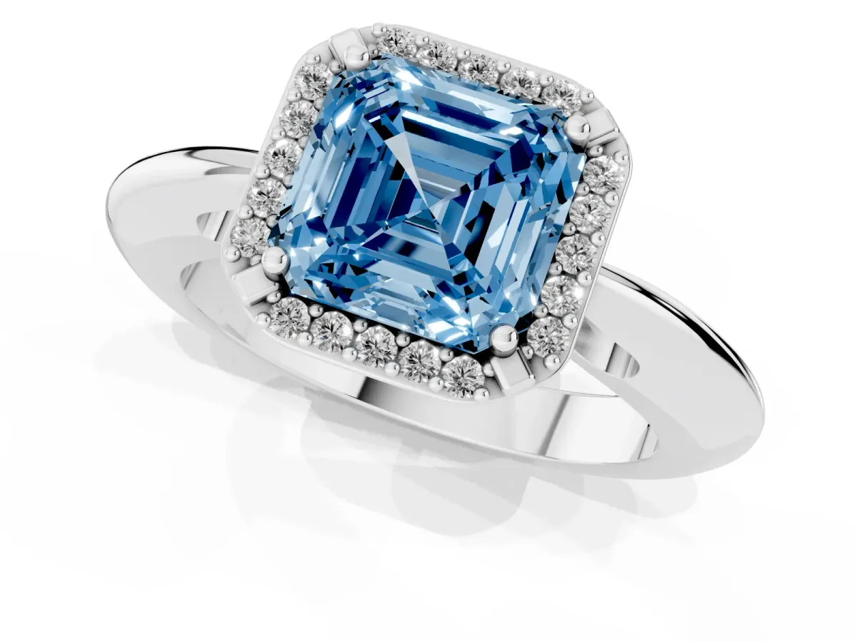 Fancy Blue Asscher Cut Cut Diamond Halo Engagement Ring with Split Shank and Four-Prong Setting Platinum