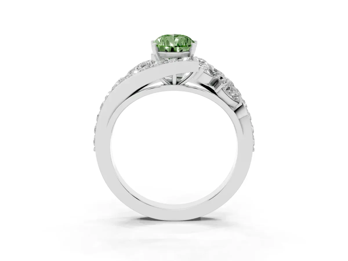 Fancy Green Pear Cut Diamond Halo Ring with Marquise and Pavé Band in Prong Setting Silver