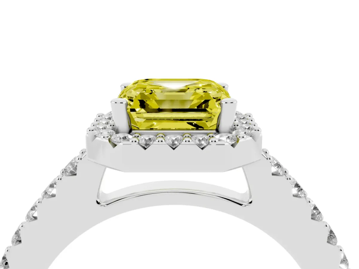 Fancy Yellow Asscher Cut Halo Diamond Pavé Solitaire Ring Platinum