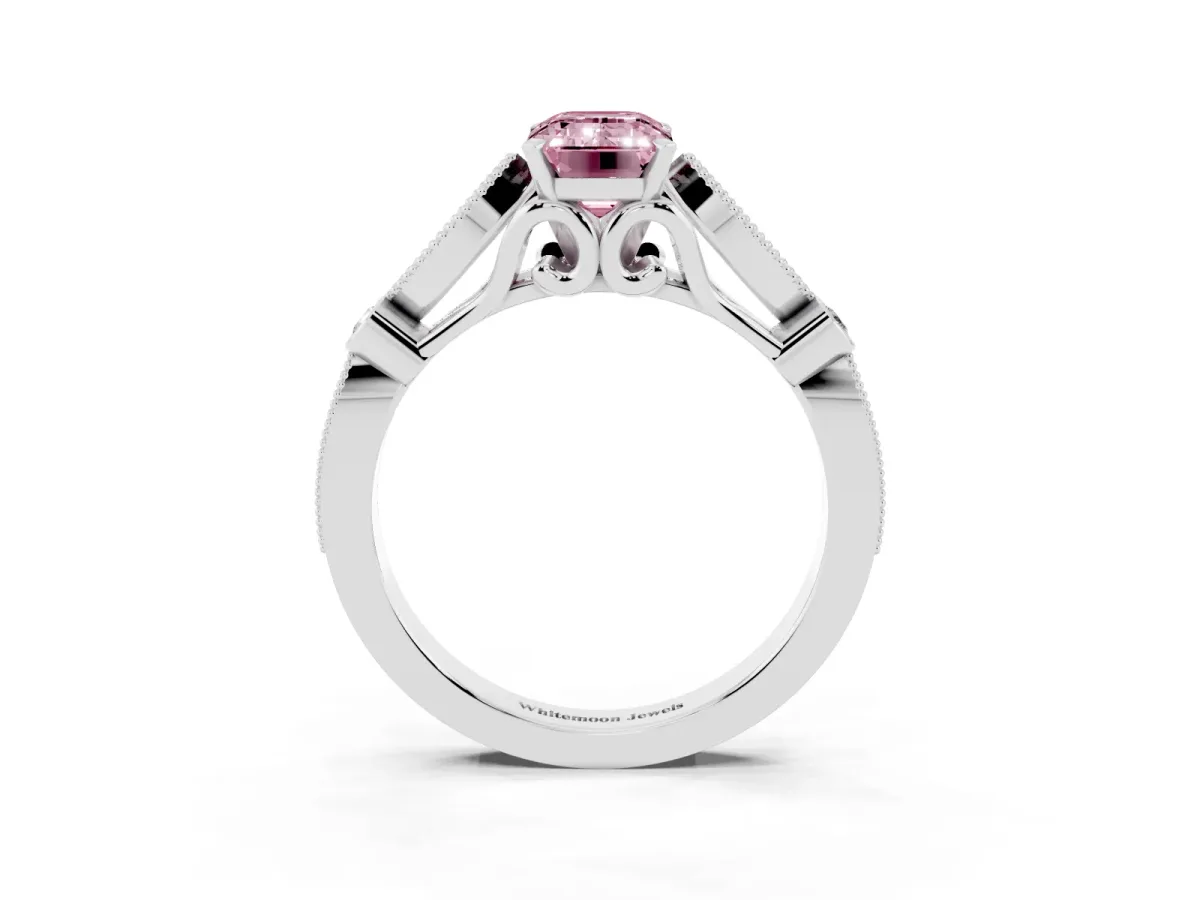 Fancy Pink Emerald Cut Cut Diamond with Milgrain Marquise and Bezel Accents on a Solitaire Band with Prong Setting Silver