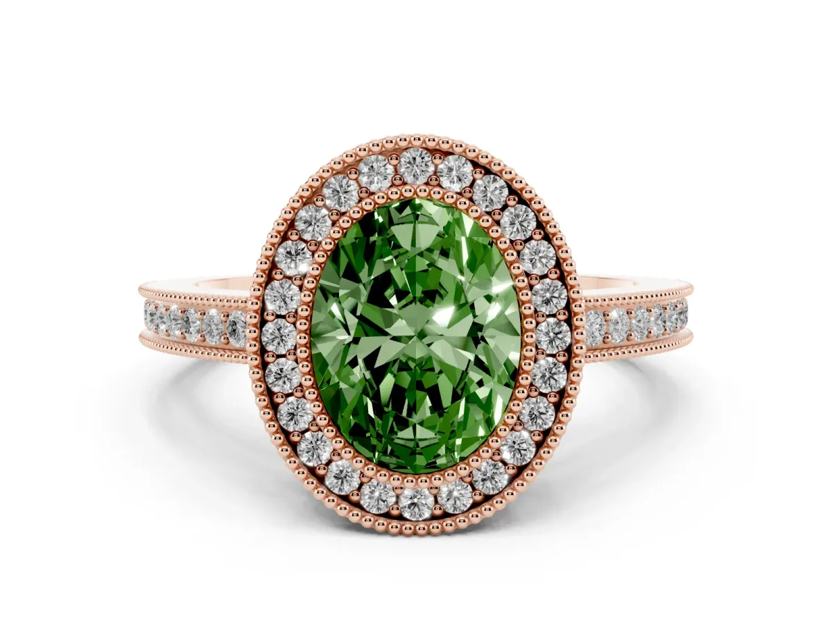 Fancy Green Oval Cut Cut Halo Diamond Ring with Pavé Band and Milgrain Prong Setting Rose gold