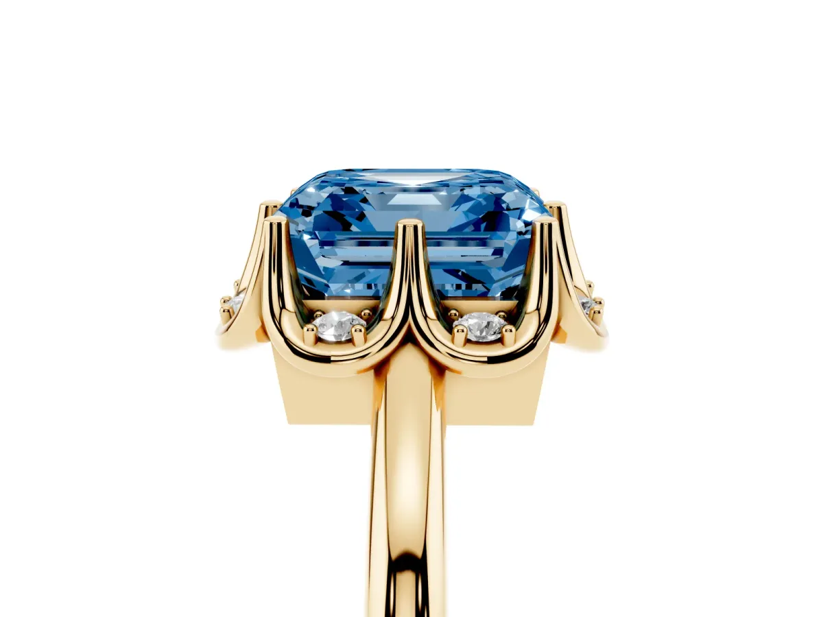 Fancy Blue Asscher Cut Halo Diamond Ring with Round Cluster Setting, Solitaire Band, and Four-Prong Setting Yellow gold