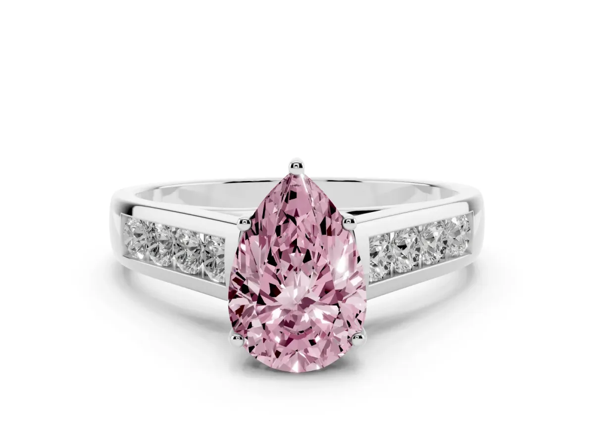 Fancy Pink Pear Cut Brilliant Channel-Set Solitaire Ring with Four-Prong Setting Silver