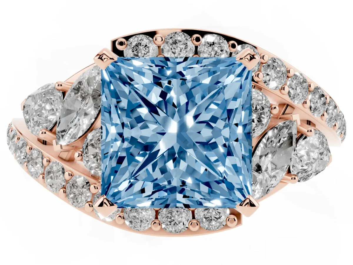Fancy Blue Princess Cut Diamond Halo Ring with Marquise and Pavé Band in Prong Setting Rose gold