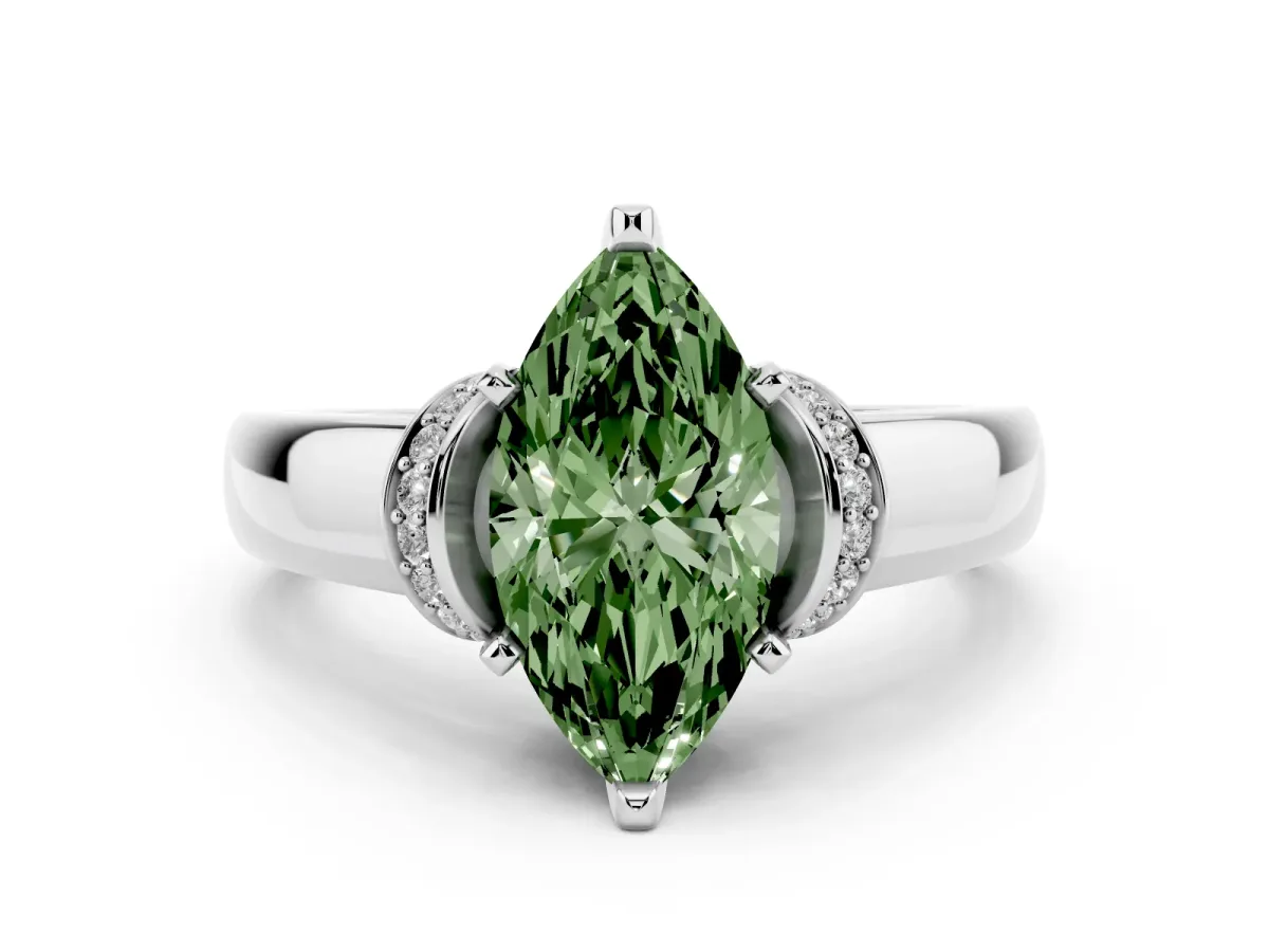 Fancy Green Marquise Cut Solitaire Diamond Ring with Pave Band and Six-Prong Setting Silver
