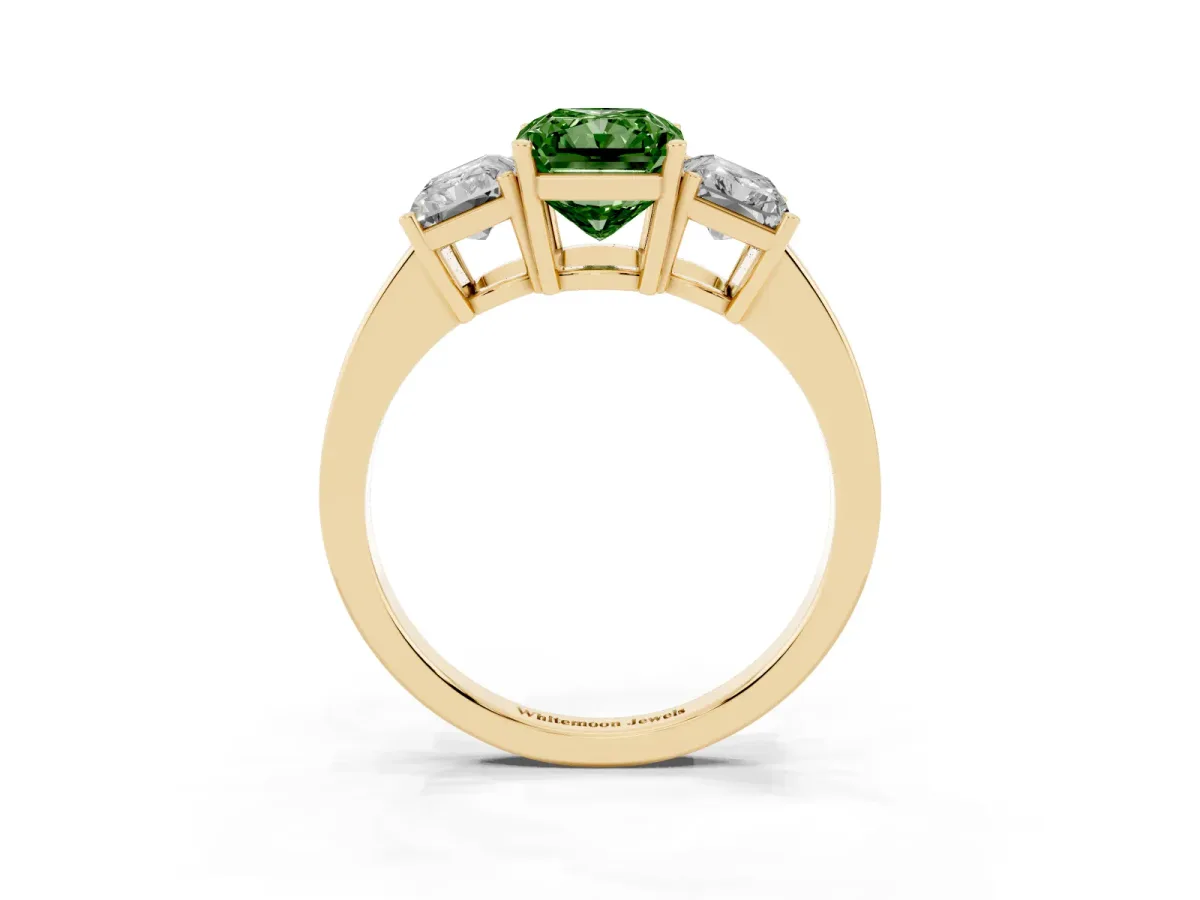 Fancy Green Three-Stone Radiant Cut Cut Diamond Engagement Ring with Flat Band and Four-Prong Setting Yellow gold