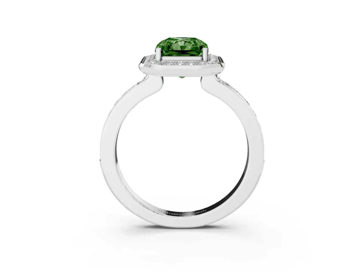 Fancy Green Radiant Cut Diamond Halo Ring with Bezel Frame and Pavé Band Platinum