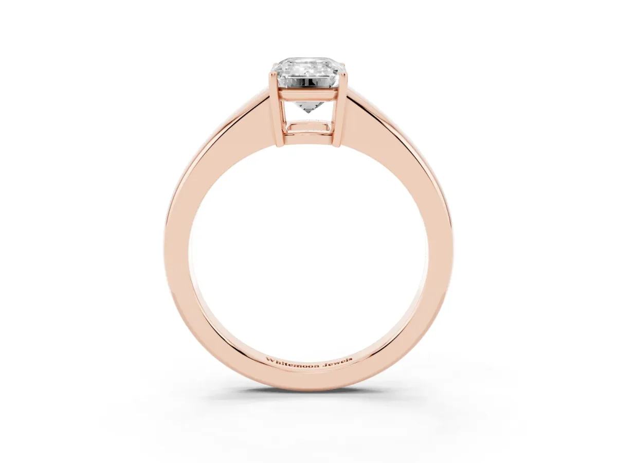 Emerald Cut Solitaire Diamond Ring with Tapered Band and Four-Prong Setting Rose gold