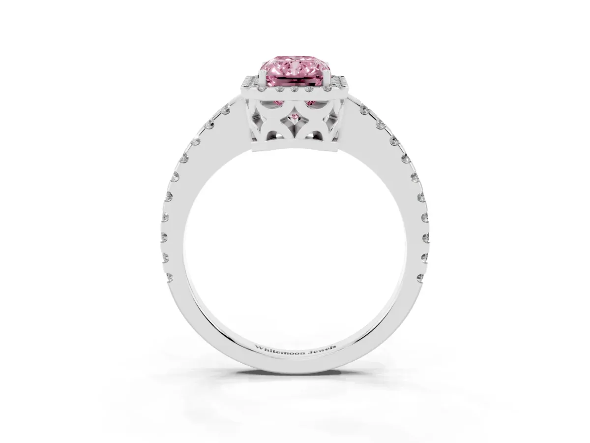 Fancy Pink Radiant Cut Diamond Halo Engagement Ring with Pavé Band and Prong Setting Silver