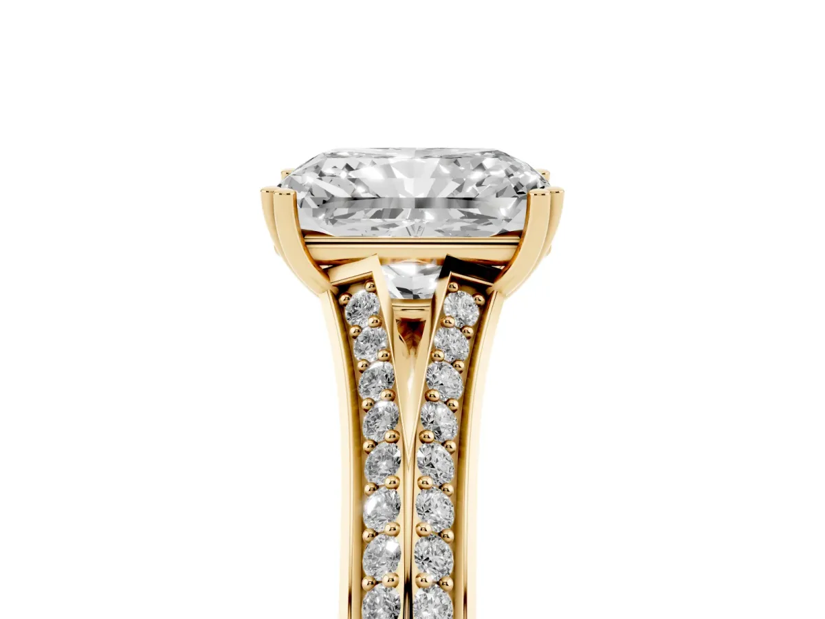 Radiant Cut Diamond Split Shank Engagement Ring with Pavé Band Yellow gold