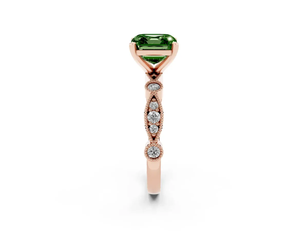 Fancy Green Asscher Cut Milgrain Bezel Diamond Engagement Ring with Solitaire Prong Setting Rose gold