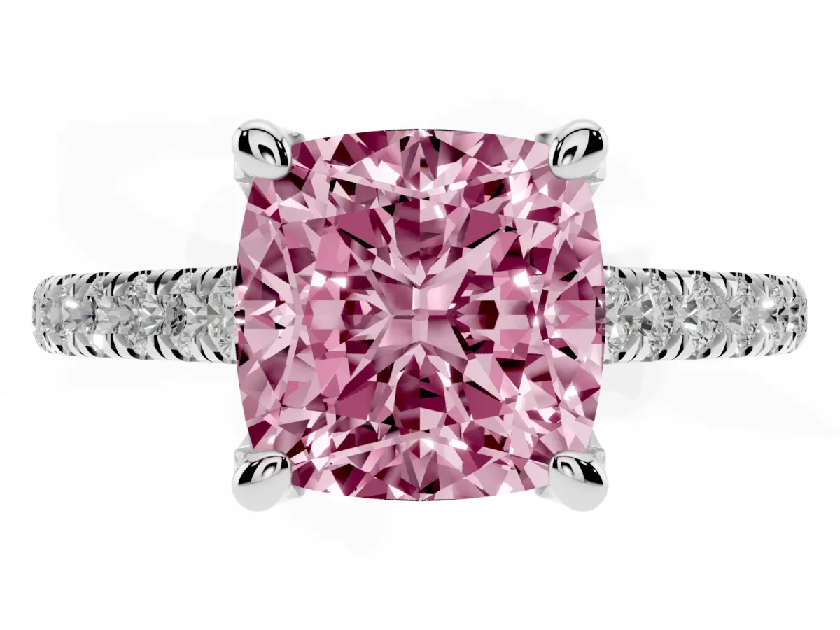 Fancy Pink Cushion Cut Brilliant Diamond Solitaire with Pavé Band and Four-Prong Setting White gold