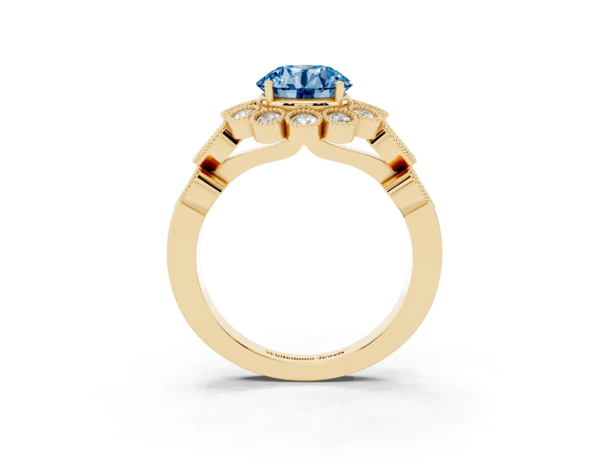 Fancy Blue Round Cut Brilliant Milgrain Pave Heart Band Solitaire Ring Yellow gold