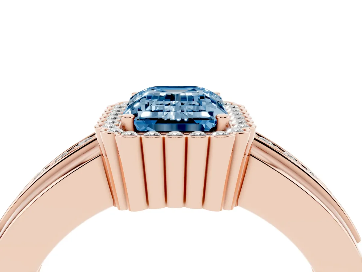 Fancy Blue Emerald Cut Cut Halo Pave Band Four-Prong Ring Rose gold