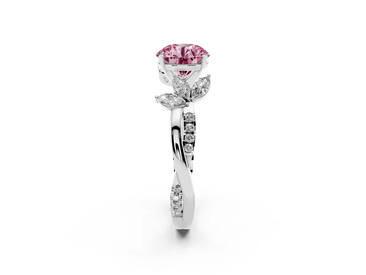 Fancy Pink Round Cut Diamond Floral Vine Solitaire Engagement Ring Silver