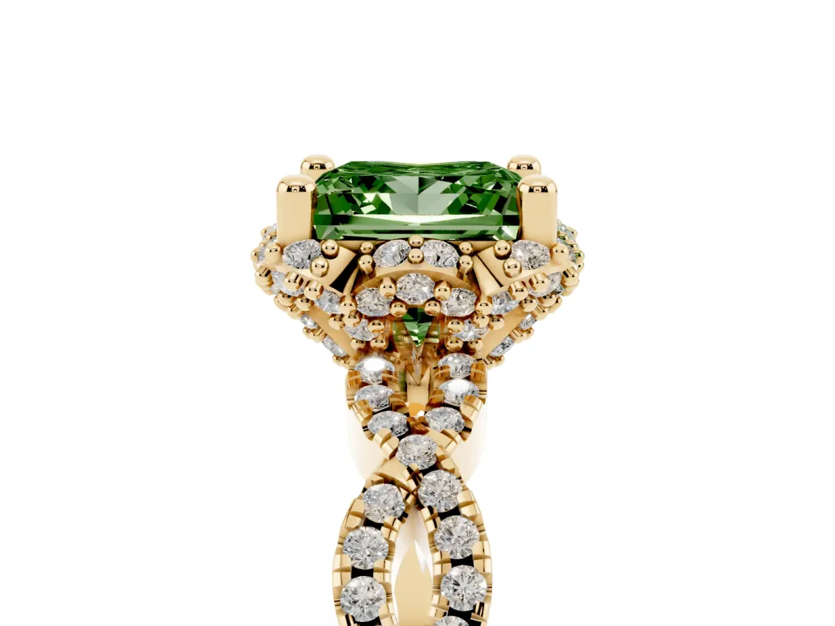 Fancy Green Princess Cut Halo Twist Band Solitaire Ring with Six-Prong Setting Yellow gold