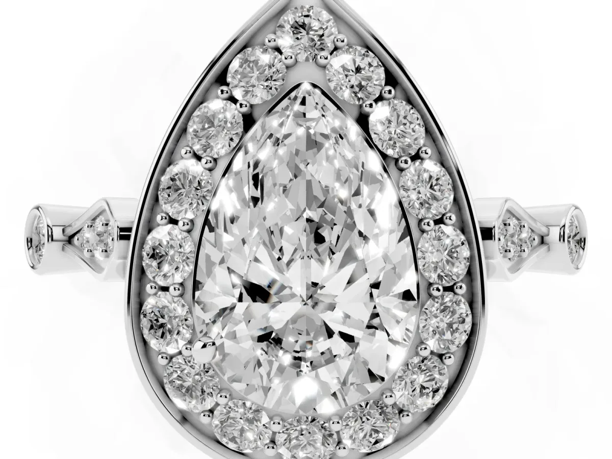Pear Cut Halo Diamond Engagement Ring with Twisted Band and Four-Prong Setting Silver