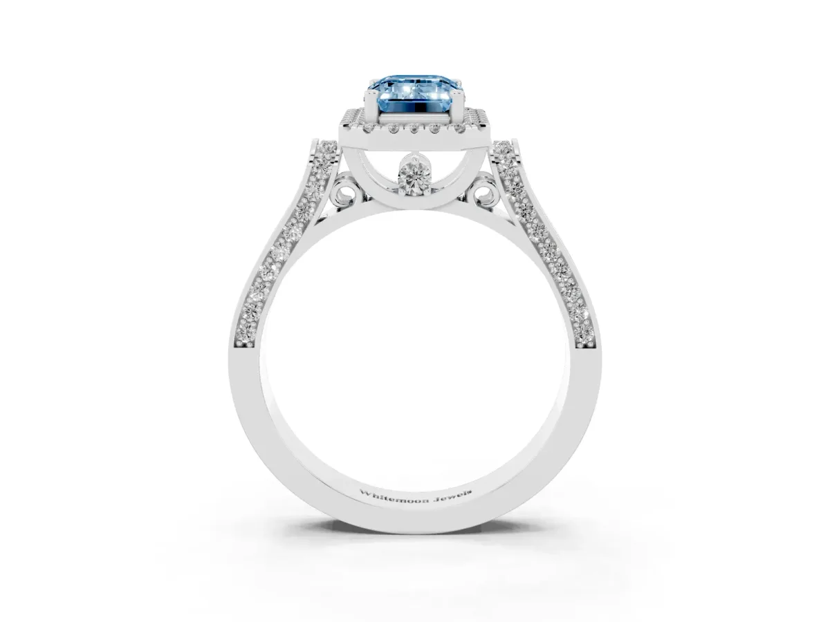 Fancy Blue Emerald Cut Halo Round Diamond Twist Band with Four-Prong Setting Silver