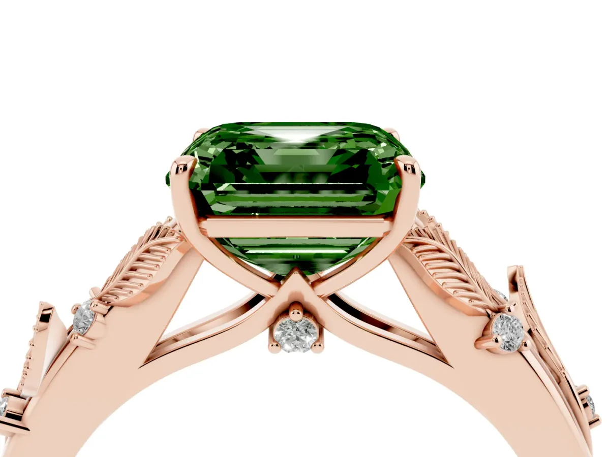 Fancy Green Asscher Cut Diamond Solitaire Ring with Leaf Motif Band and Four-Prong Setting Rose gold