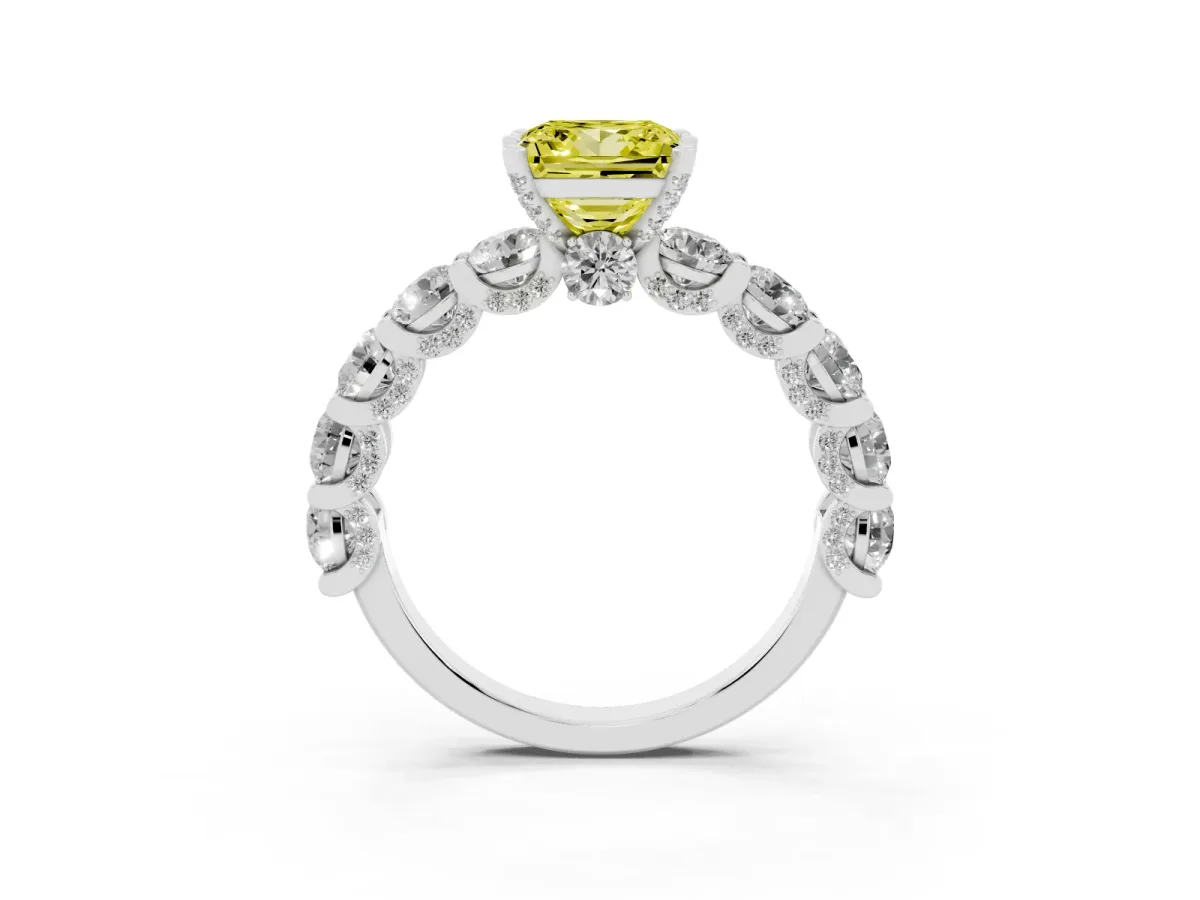Fancy Yellow Princess Cut Diamond Side Stone Engagement Ring with Four-Prong Setting Platinum