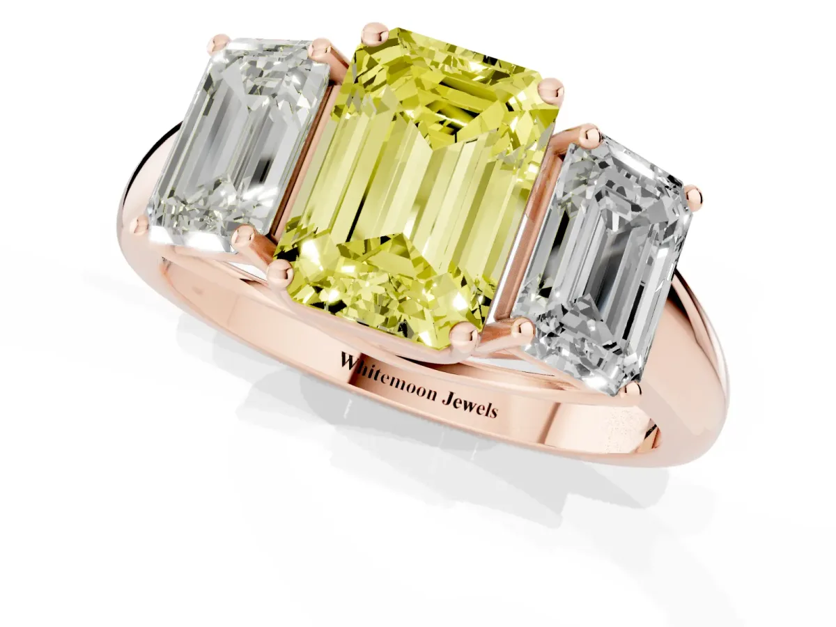Fancy Yellow Three-Stone Emerald Cut Diamond Engagement Ring with Prong Setting Rose gold