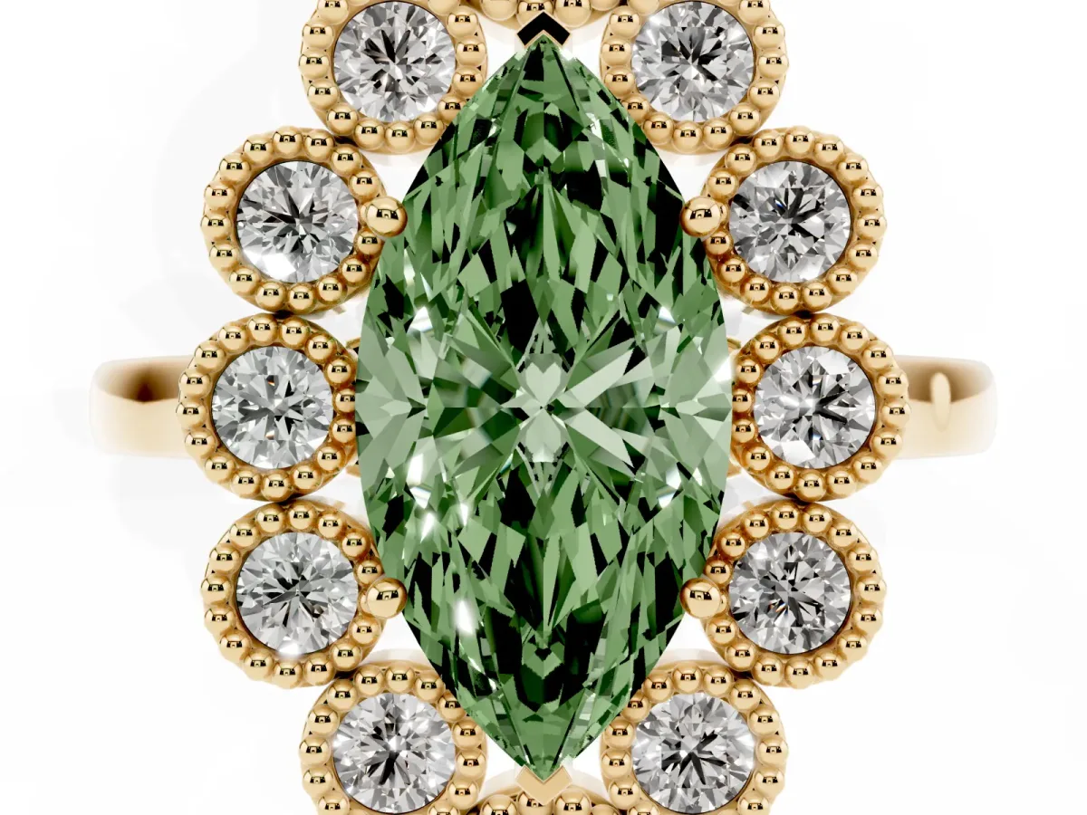 Fancy Green Marquise Cut Halo Diamond Cluster Engagement Ring with Milgrain Bezel Setting and Solitaire Band Yellow gold