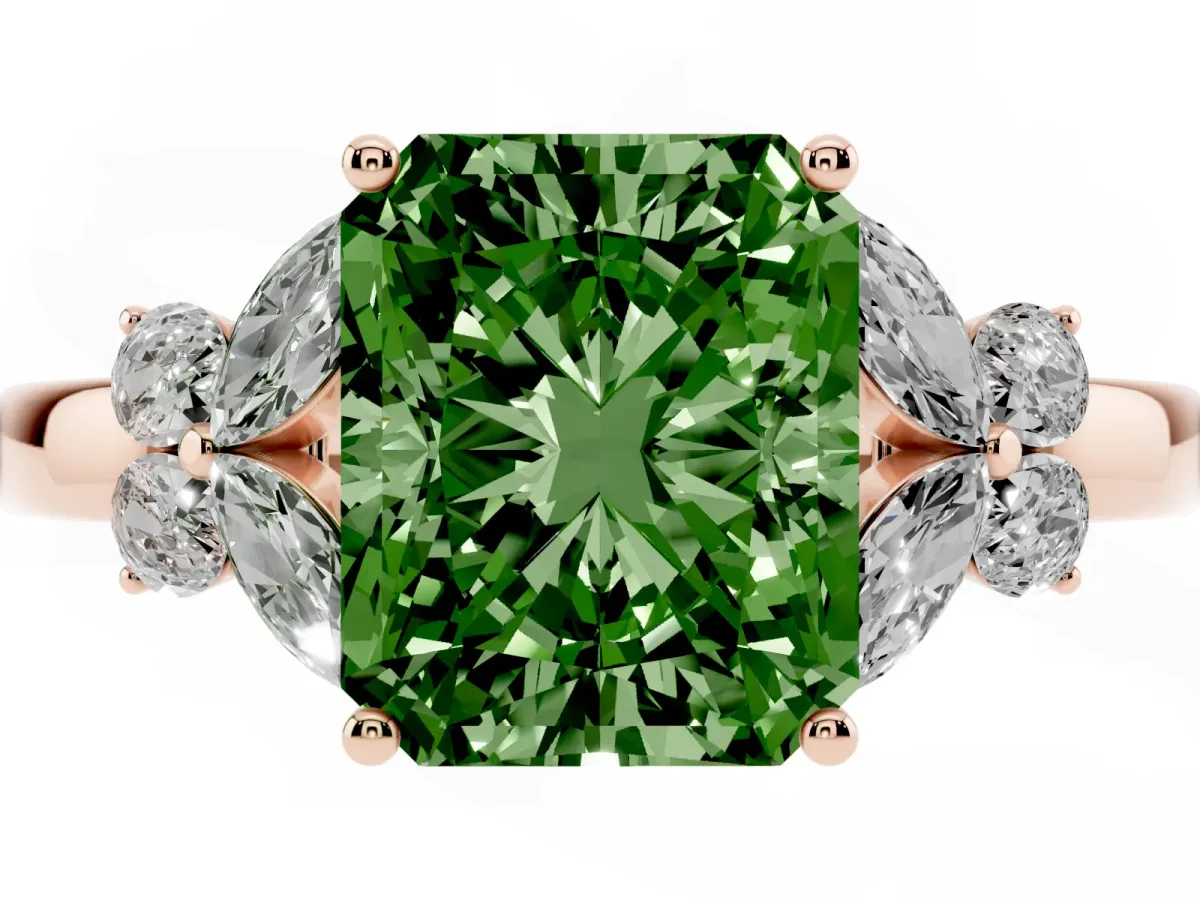 Fancy Green Radiant Cut Cut Solitaire Floral Diamond Ring with Four-Prong Setting Rose gold