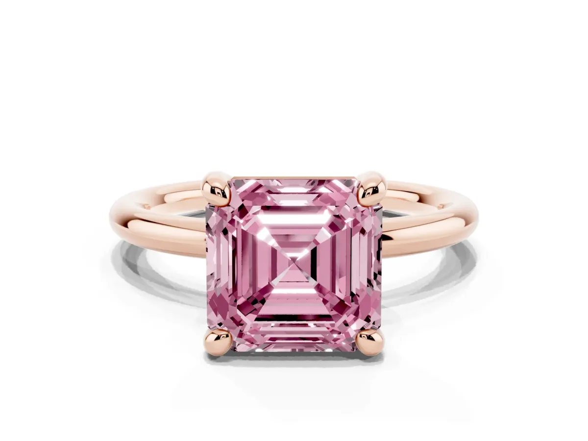 Fancy Pink Asscher Cut Solitaire Diamond Ring with Four-Prong Setting on a Plain Band Rose gold