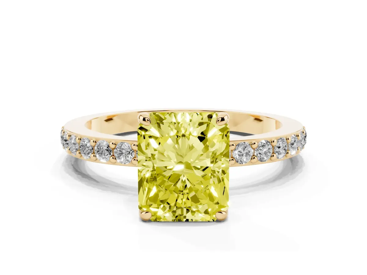 Fancy Yellow Radiant Cut Diamond Pavé Engagement Ring with Round Accents and Prong Setting Yellow gold