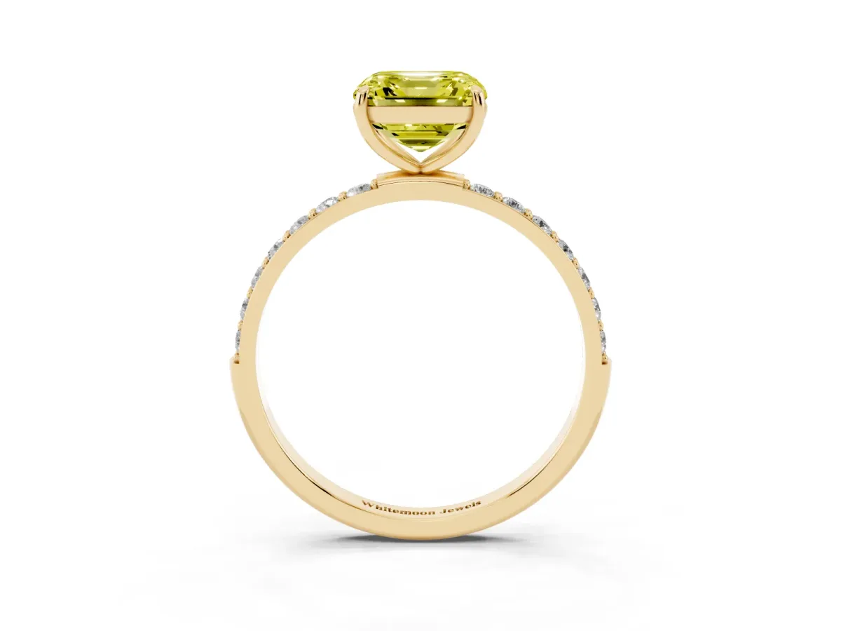 Fancy Yellow Asscher Cut Diamond Solitaire Ring with Round Pavé Shoulders and Prong Setting Yellow gold