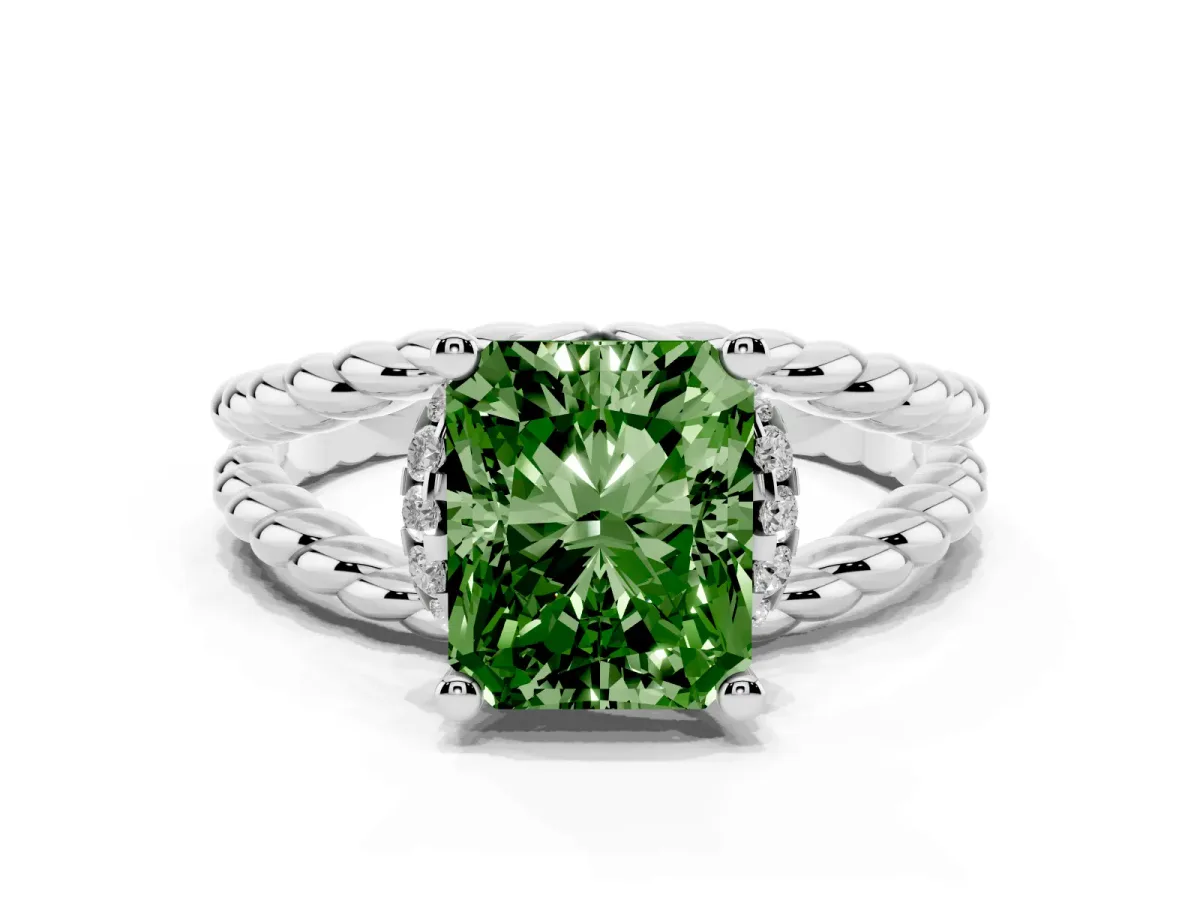 Fancy Green Radiant Cut Halo Twisted Band Four-Prong Ring Platinum