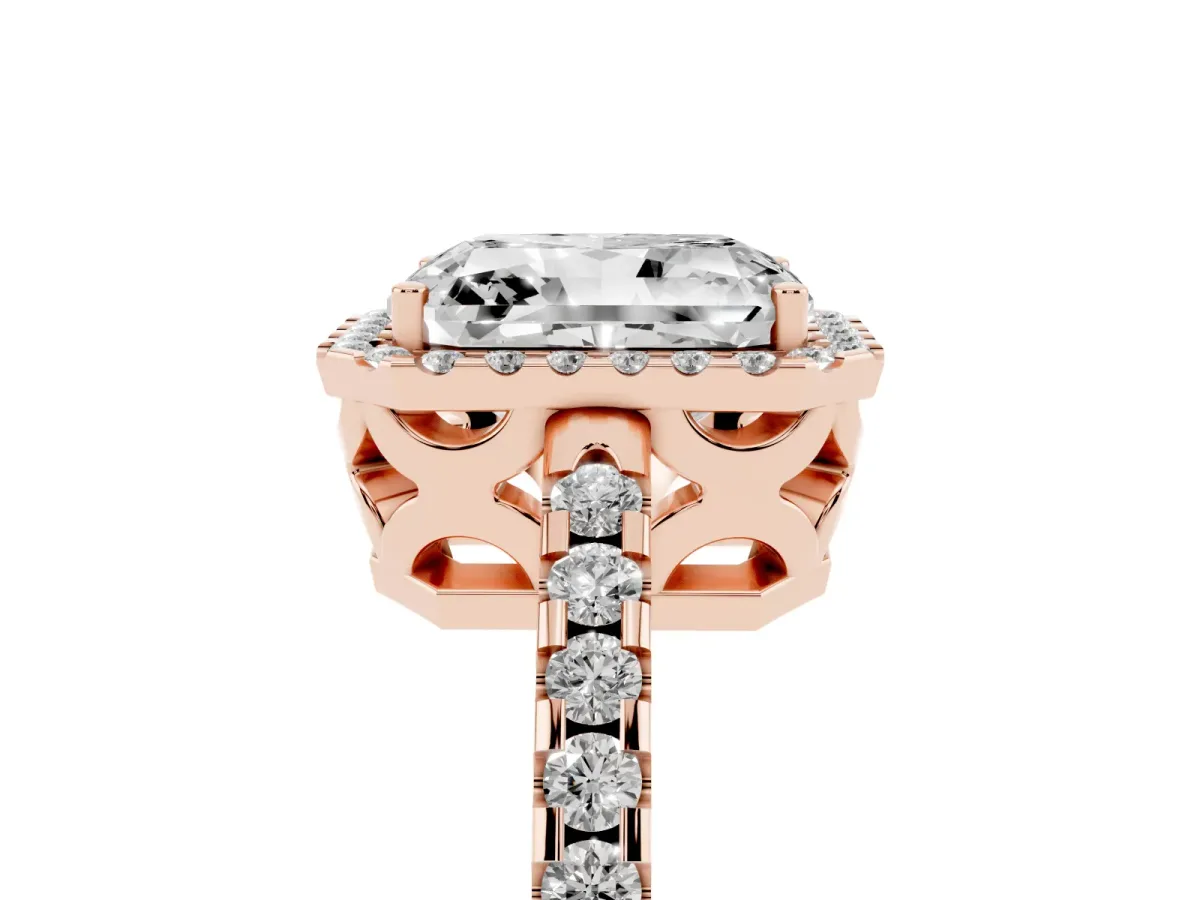 Radiant Cut Diamond Halo Engagement Ring with Pavé Band and Prong Setting Rose gold