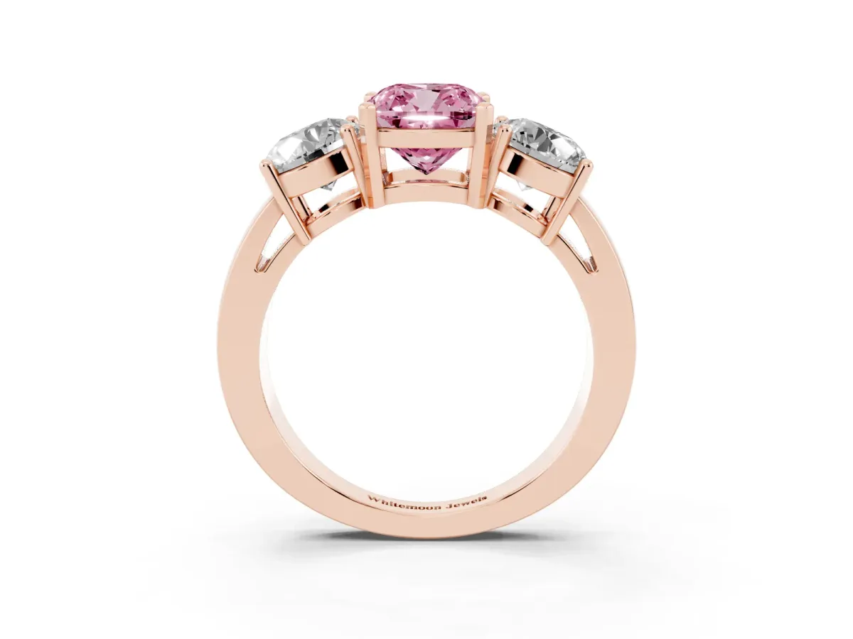 Fancy Pink Three-Stone Cushion Cut Diamond Ring with Round Side Stones, Classic Band, and Four-Prong Setting Rose gold