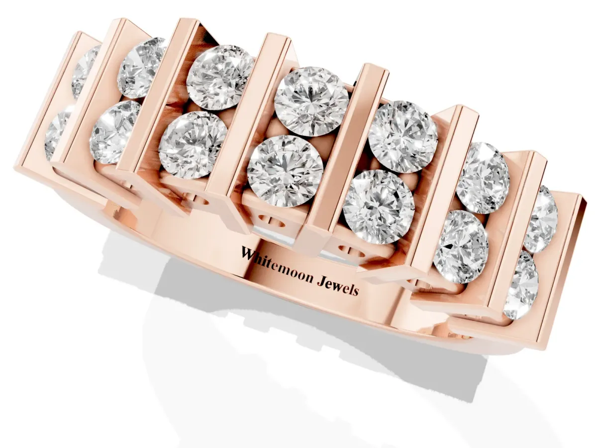 Channel Set Round Diamond Step Band with Bar Prong Setting Rose gold