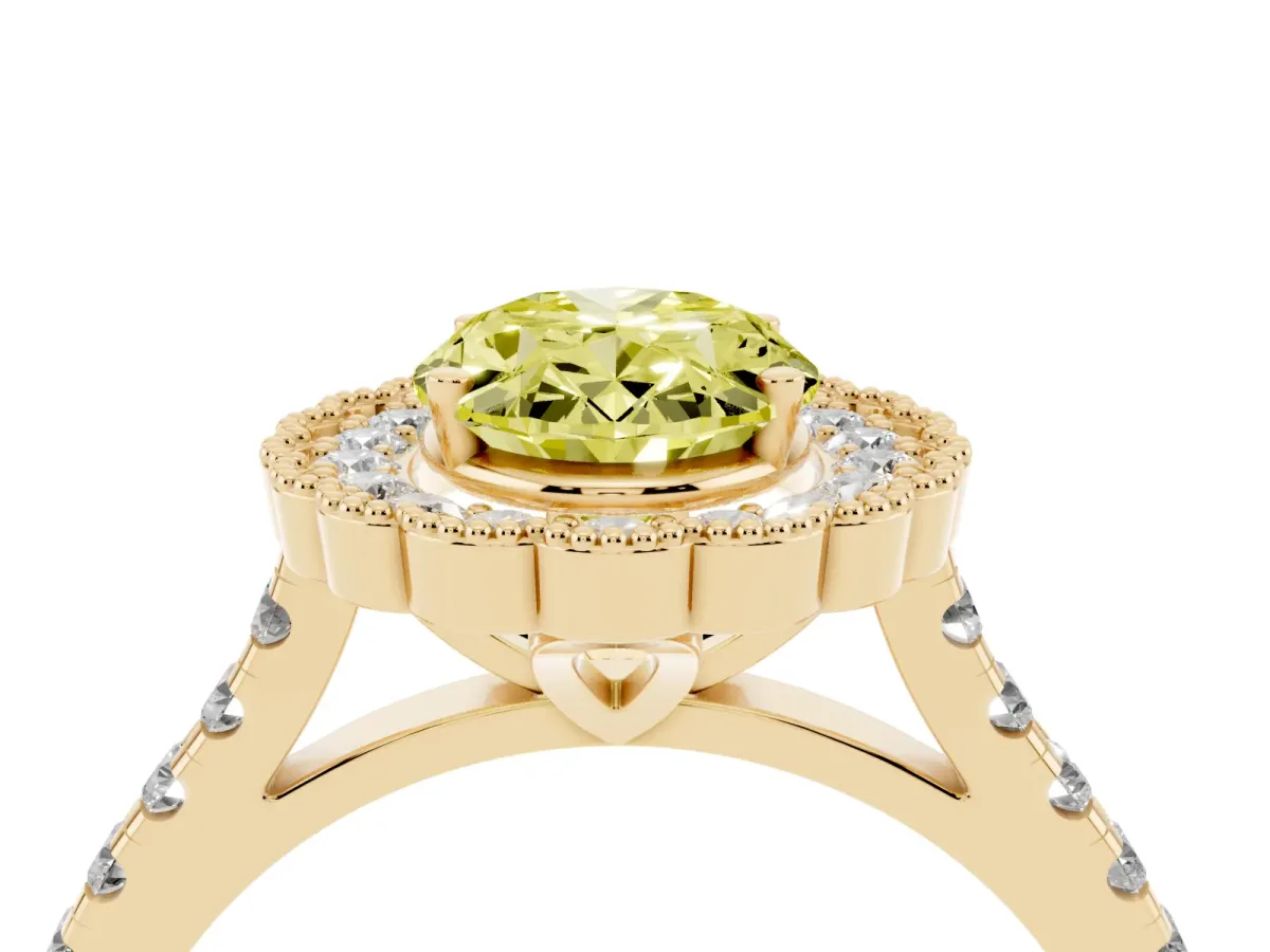 Fancy Yellow Oval Cut Cut Diamond Milgrain Floral Halo Engagement Ring with Pavé Band Yellow gold
