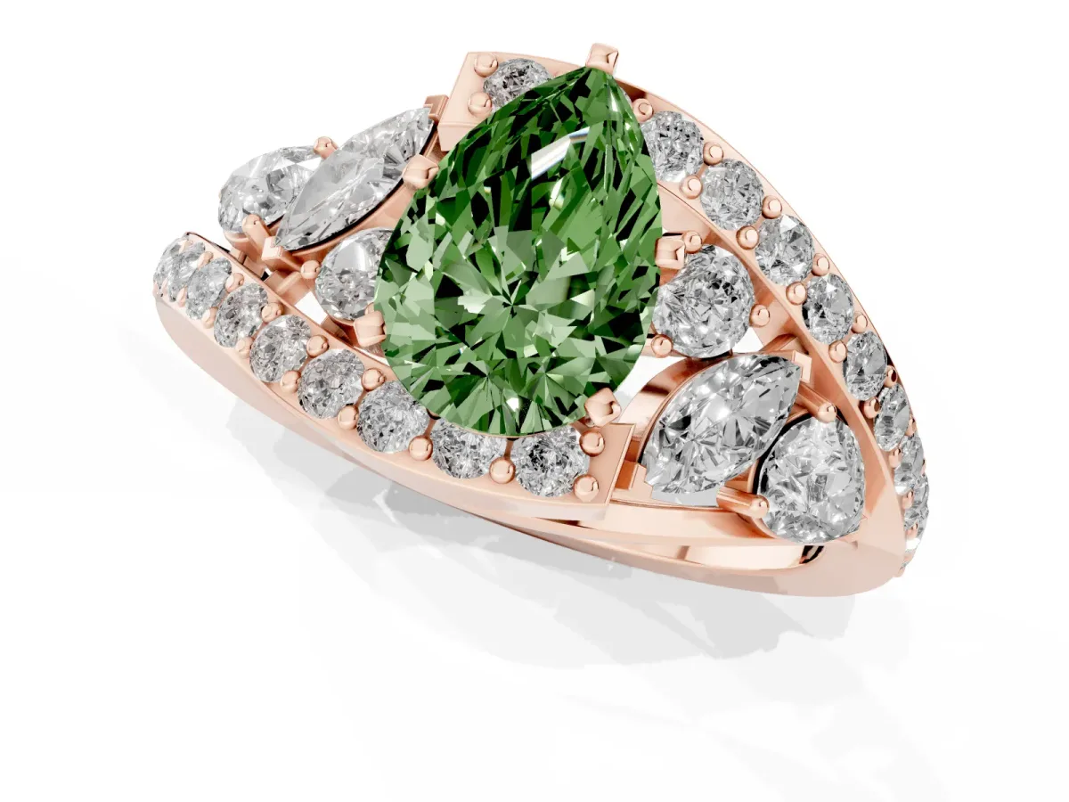 Fancy Green Pear Cut Diamond Halo Ring with Marquise and Pavé Band in Prong Setting Rose gold