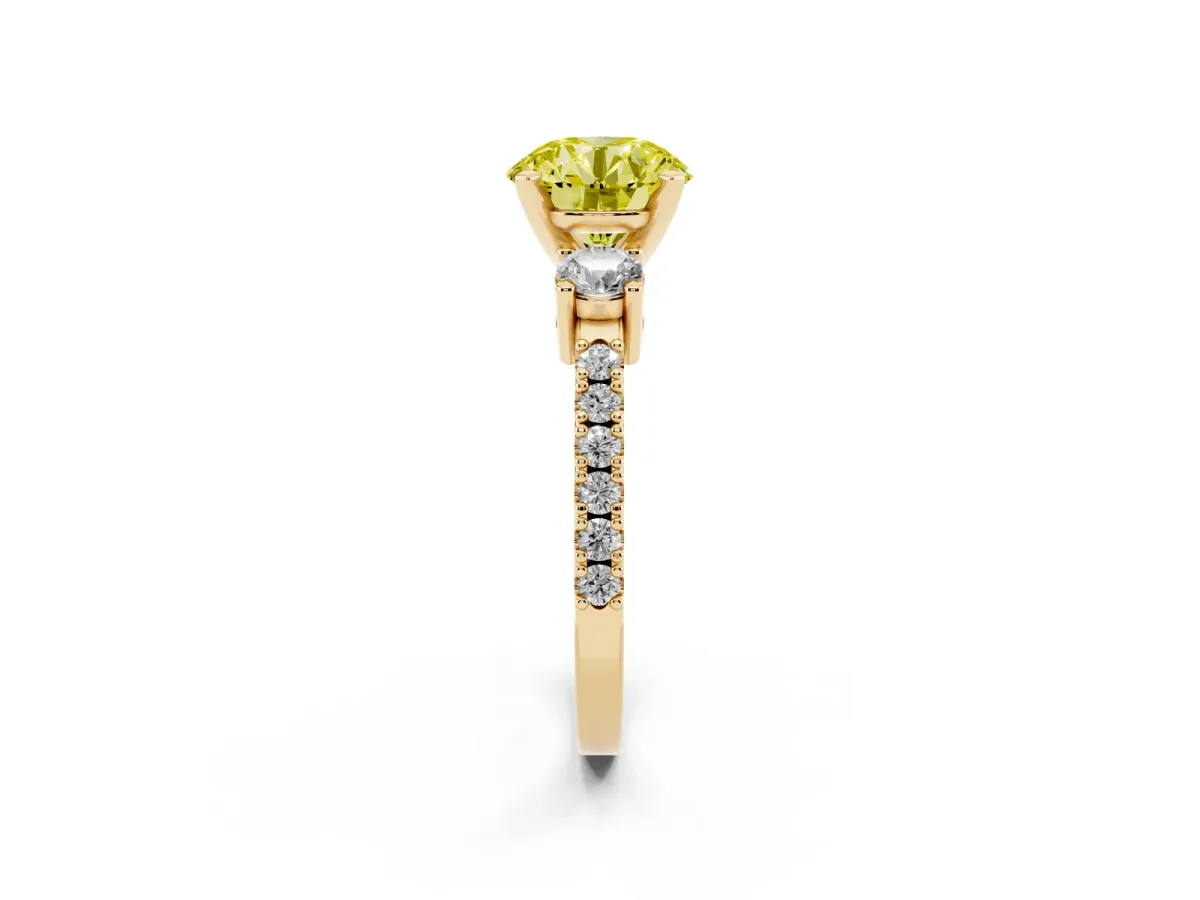Fancy Yellow Round Cut Three-Stone Diamond Pavé Band with Prong Setting Yellow gold