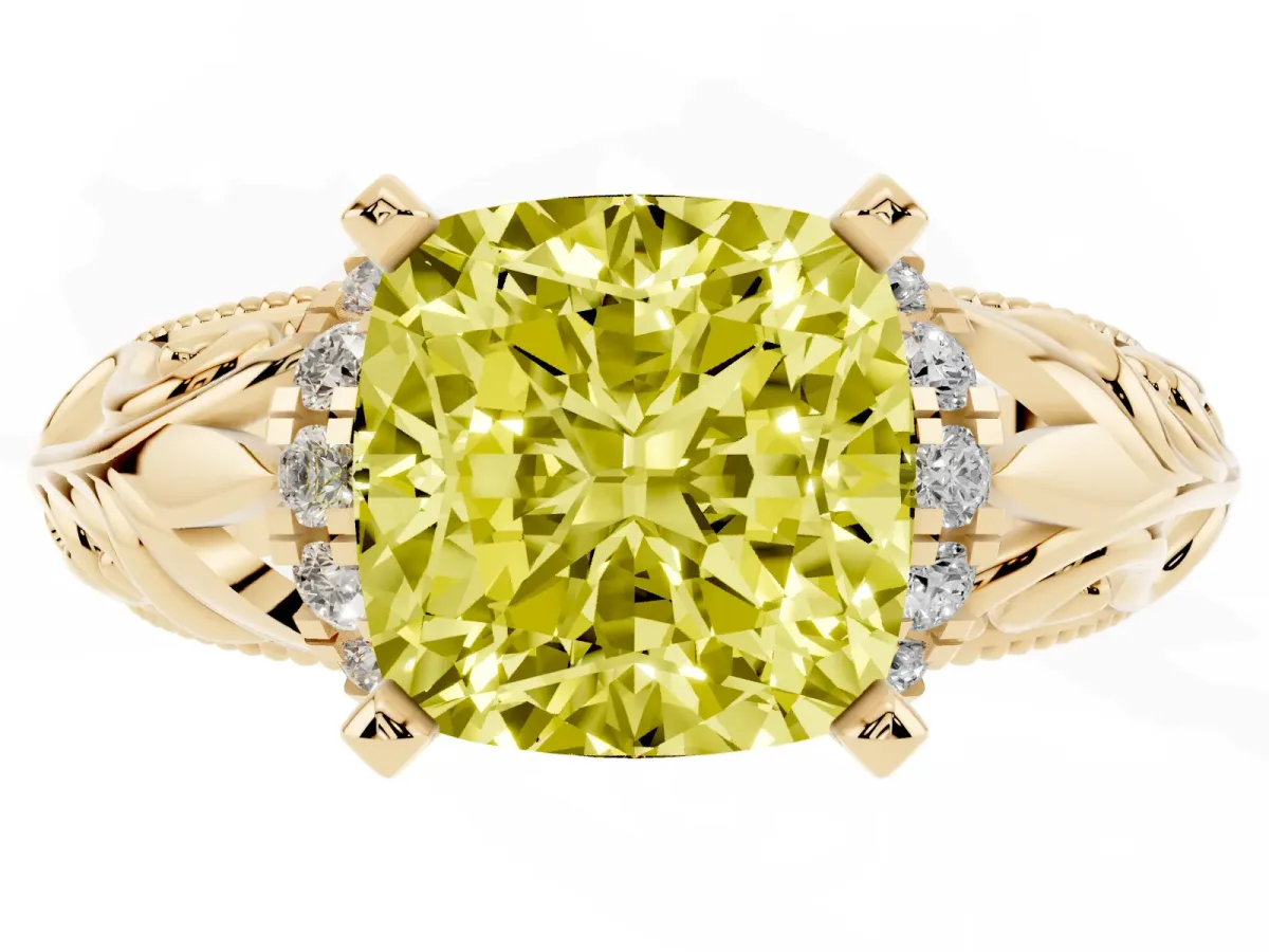 Fancy Yellow Cushion Cut Solitaire Filigree Engagement Ring with Halo and Prong Setting Yellow gold