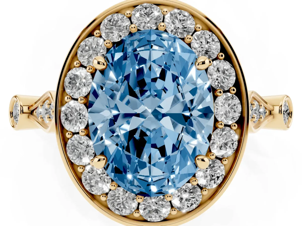 Fancy Blue Oval Cut Halo Diamond Engagement Ring with Twisted Band and Four-Prong Setting Yellow gold