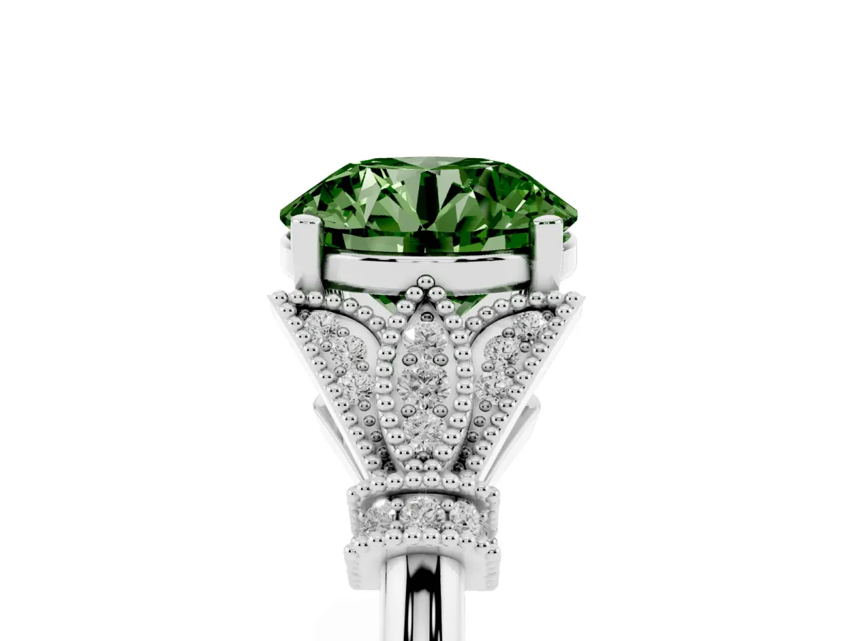 Fancy Green Round Cut Diamond Solitaire Ring with Floral Filigree and Pave Accents Platinum