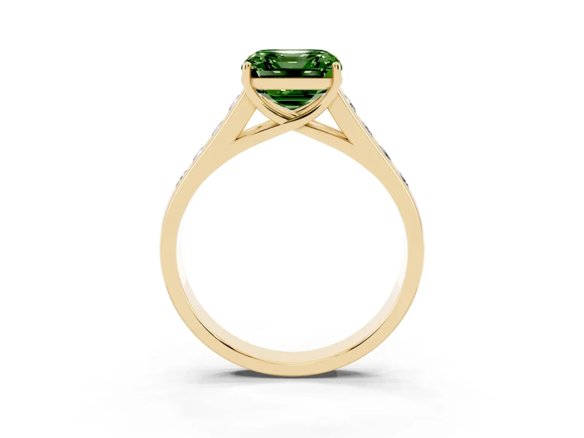 Fancy Green Asscher Cut Brilliant Channel-Set Solitaire Ring with Four-Prong Setting Yellow gold