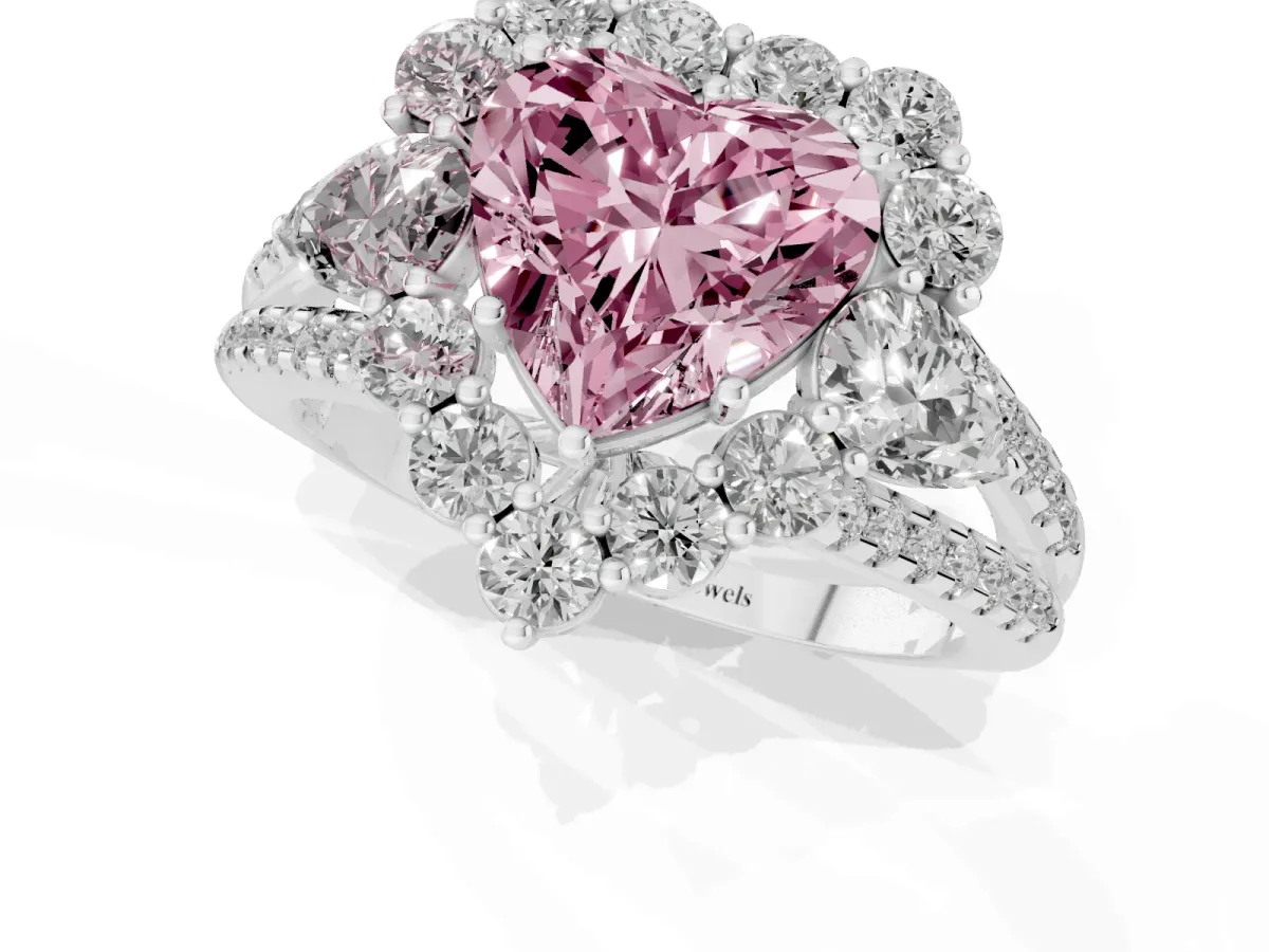 Fancy Pink Heart Cut Halo Split Shank Diamond Engagement Ring with Prong Setting Silver