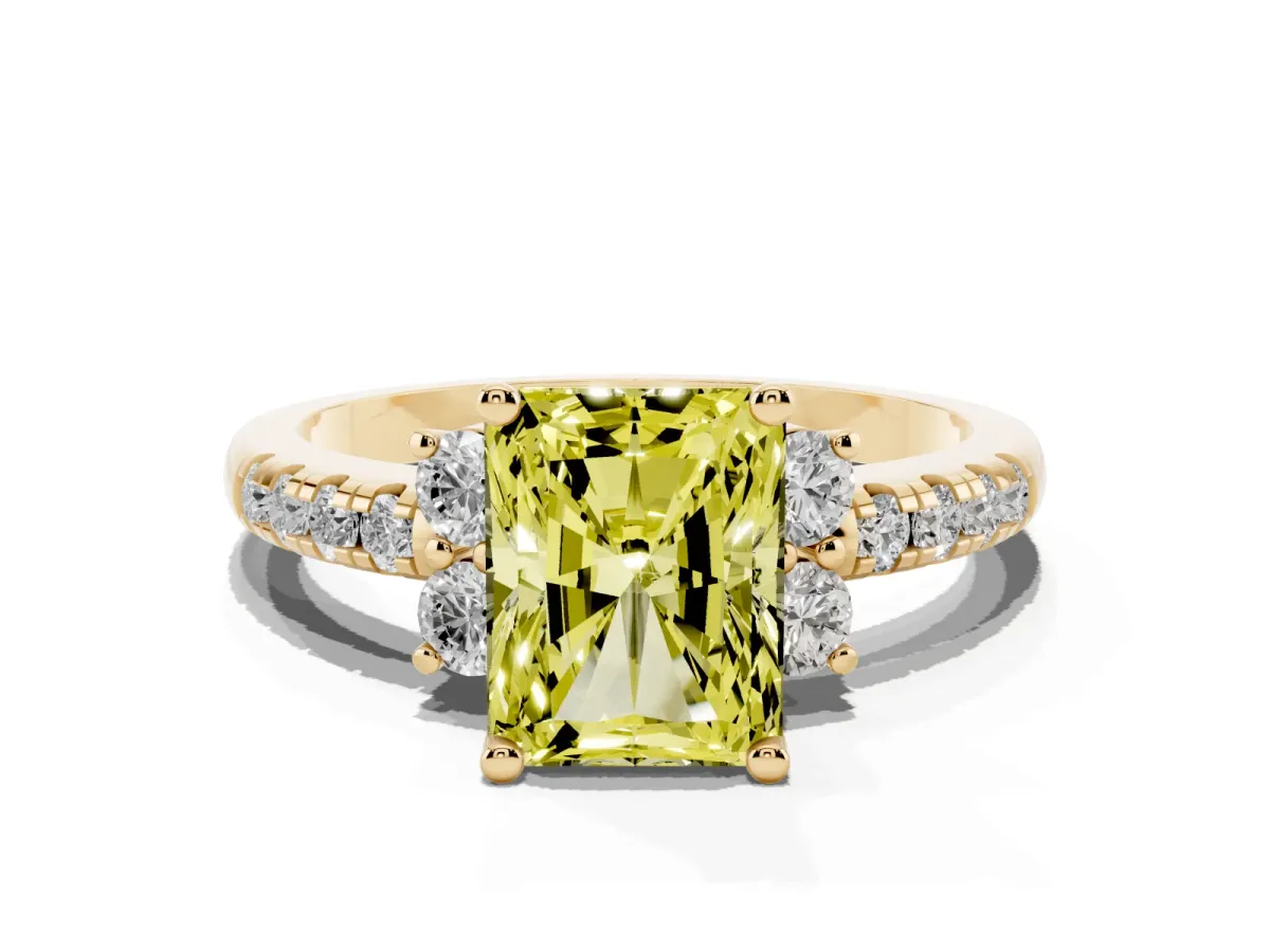 Fancy Yellow Radiant Cut Diamond Three-Stone Pave Band with Four-Prong Setting Yellow gold