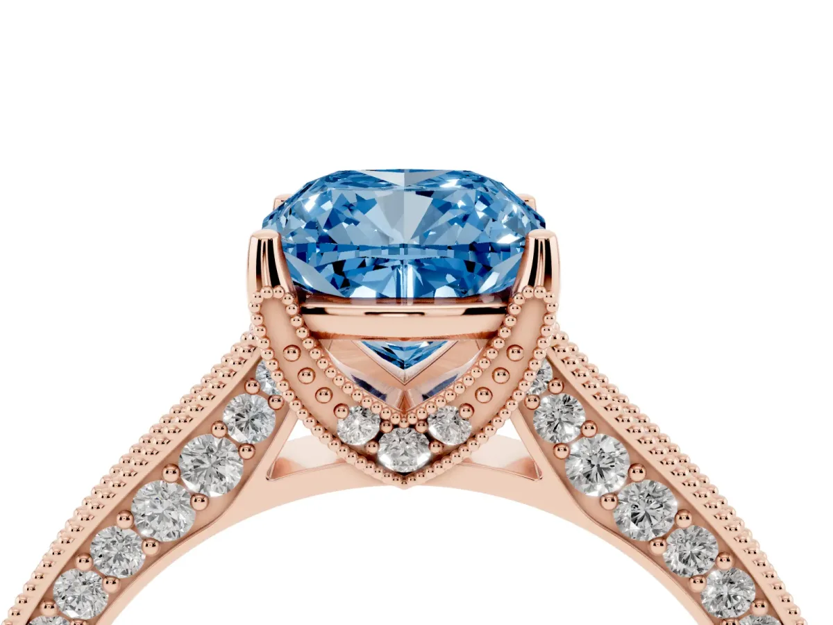 Fancy Blue Cushion Cut Cut Diamond Solitaire Ring with Milgrain Pave Band and Four Prong Setting Rose gold