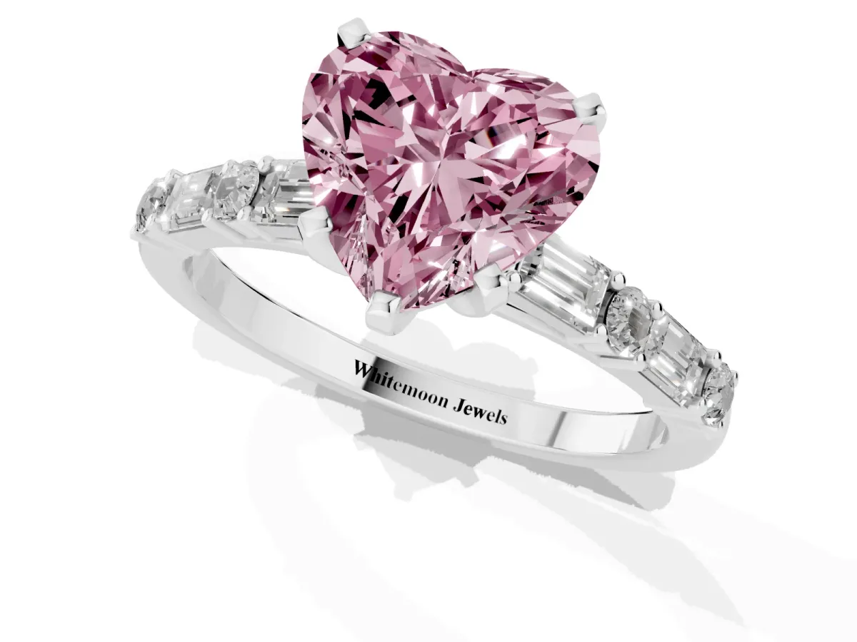 Fancy Pink Heart Cut Diamond Solitaire with Side Baguettes and Channel Set Band Platinum