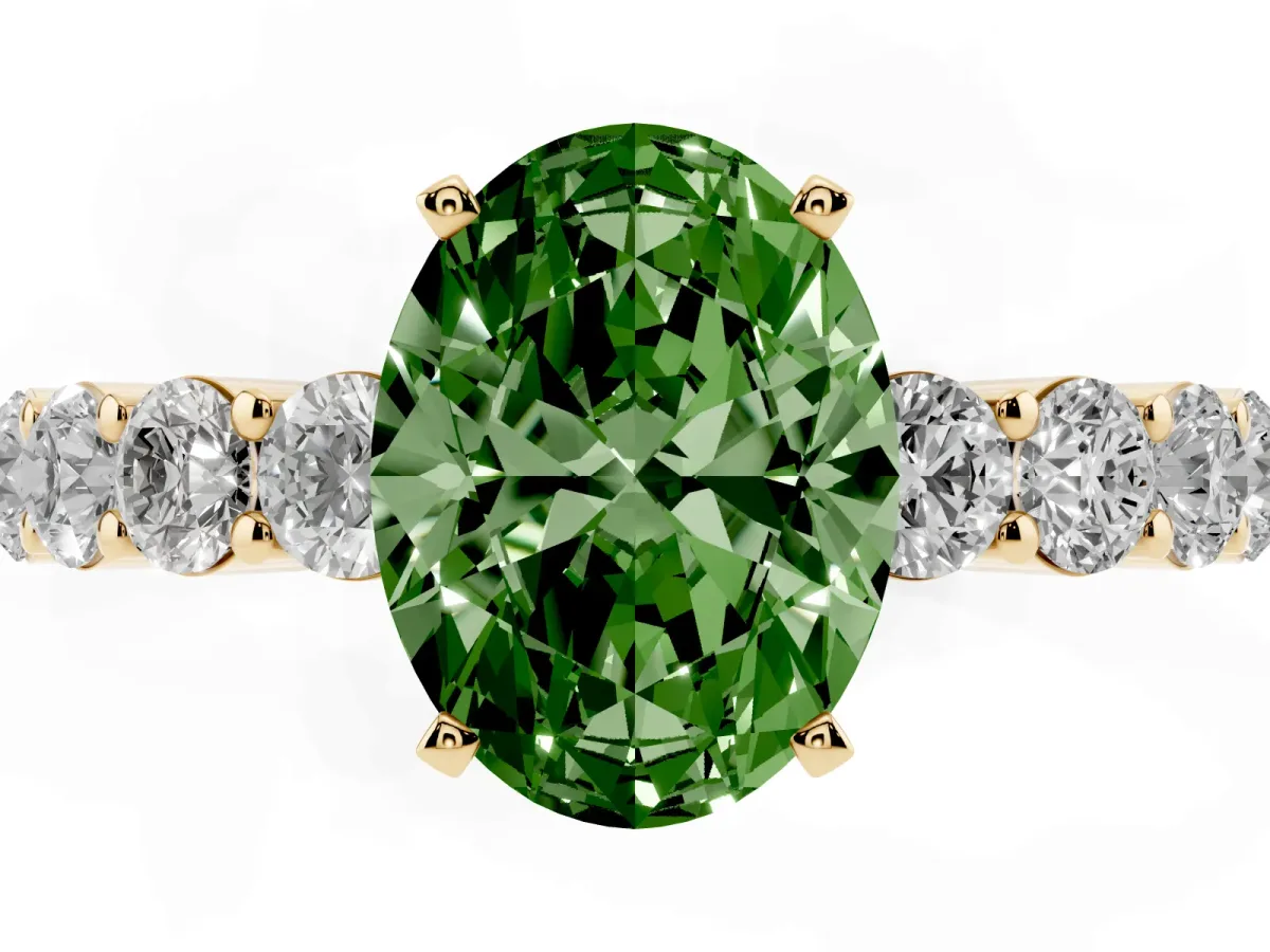 Fancy Green Oval Cut Diamond Solitaire Ring with Shared Prong Round Side Stones Yellow gold