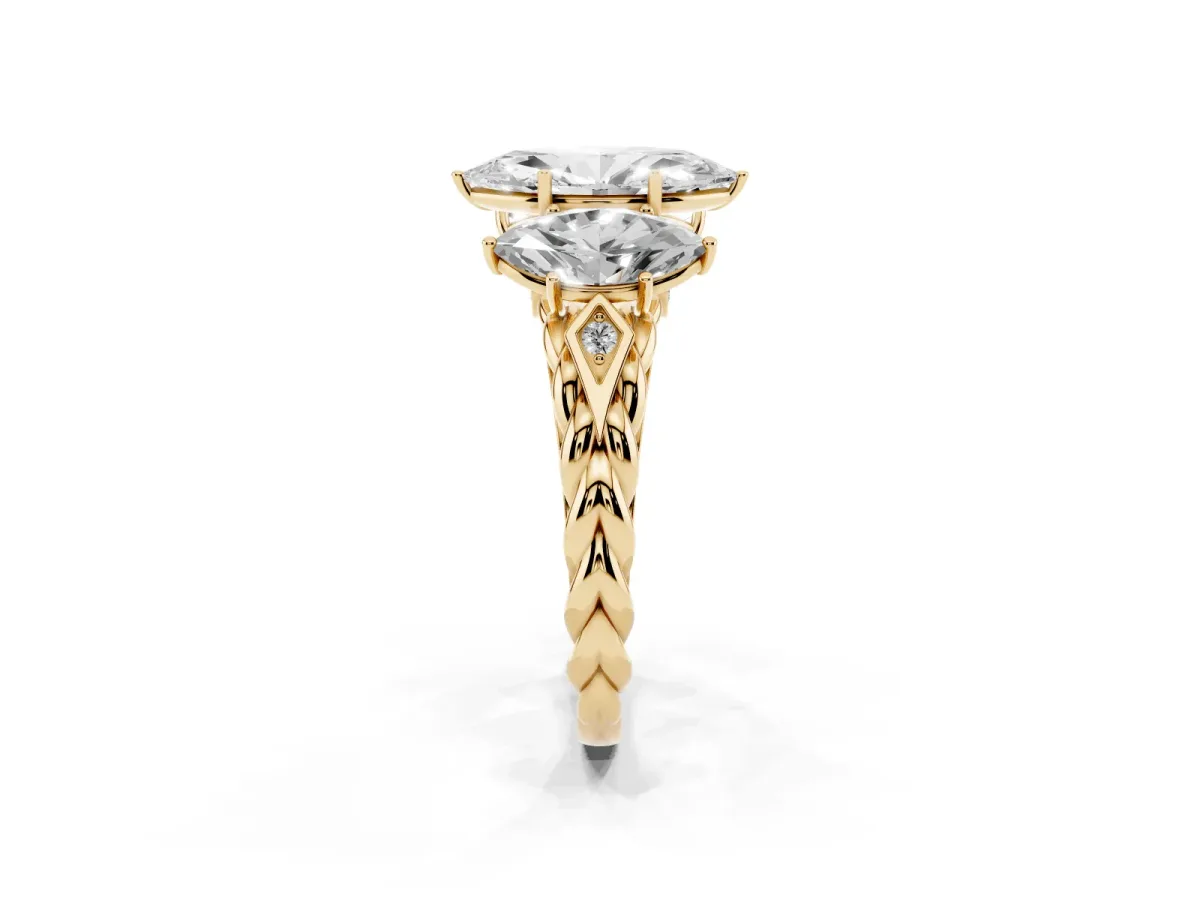 Three-Stone Marquise Cut Diamond Braided Band Ring with Four-Prong Setting Yellow gold
