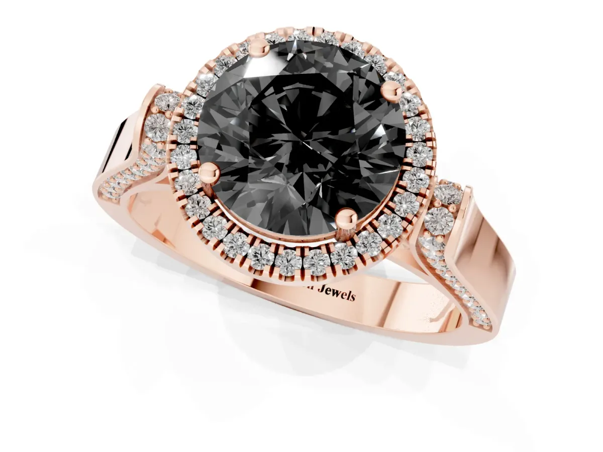 Fancy Black Round Cut Halo Round Diamond Twist Band with Four-Prong Setting Rose gold
