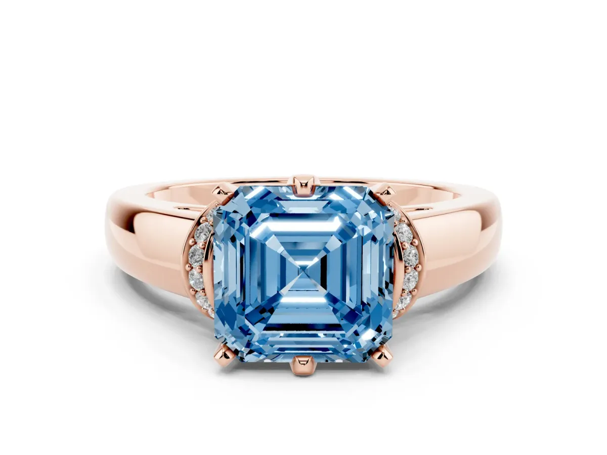 Fancy Blue Asscher Cut Solitaire Diamond Ring with Pave Band and Six-Prong Setting Rose gold