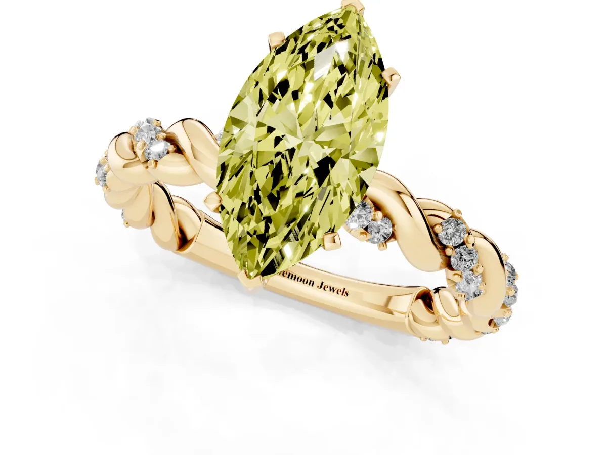 Fancy Yellow Marquise Cut Diamond Solitaire Ring with Twisted Band and Pavé Accents Yellow gold